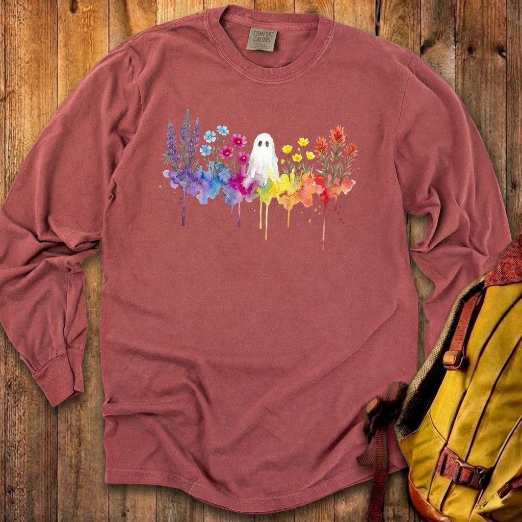 Halloween Ghost Watercolor Wildflowers Premium Long Sleeve