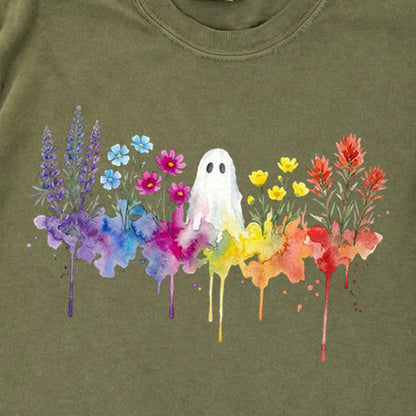 Halloween Ghost Watercolor Wildflowers Premium Long Sleeve