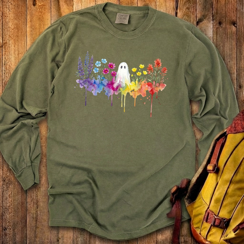 Halloween Ghost Watercolor Wildflowers Premium Long Sleeve
