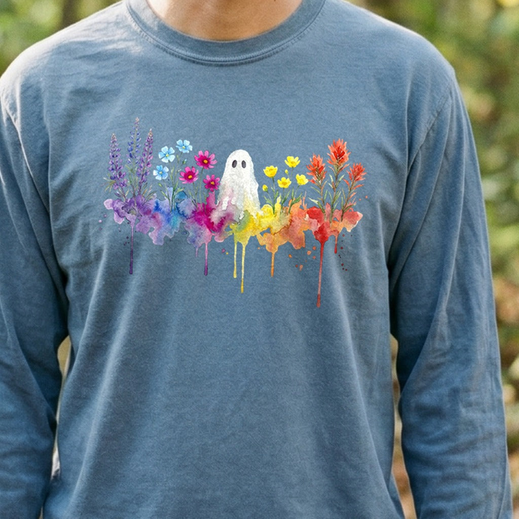 Halloween Ghost Watercolor Wildflowers Premium Long Sleeve