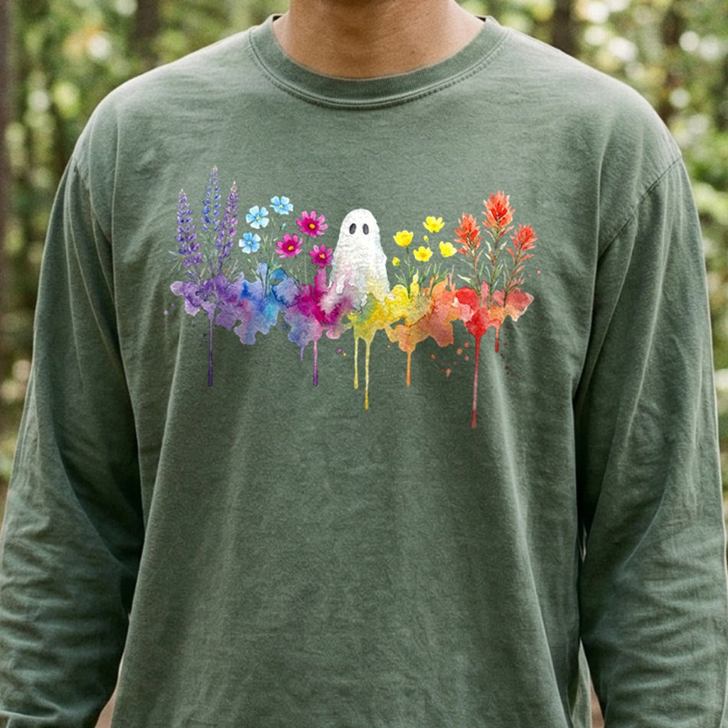 Halloween Ghost Watercolor Wildflowers Premium Long Sleeve