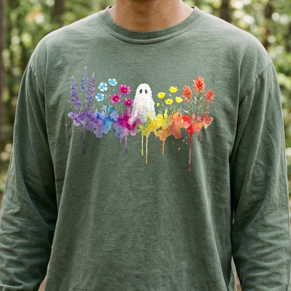 Halloween Ghost Watercolor Wildflowers Premium Long Sleeve