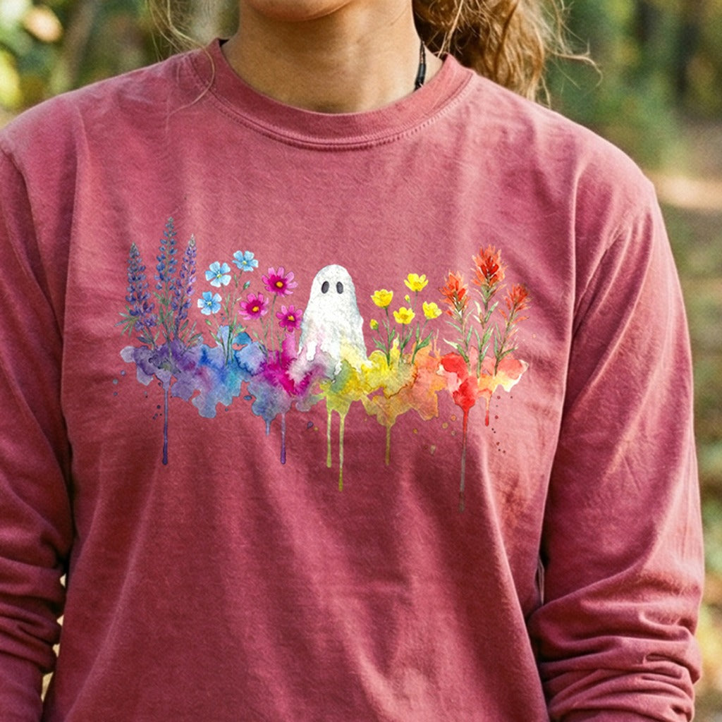 Halloween Ghost Watercolor Wildflowers Premium Long Sleeve