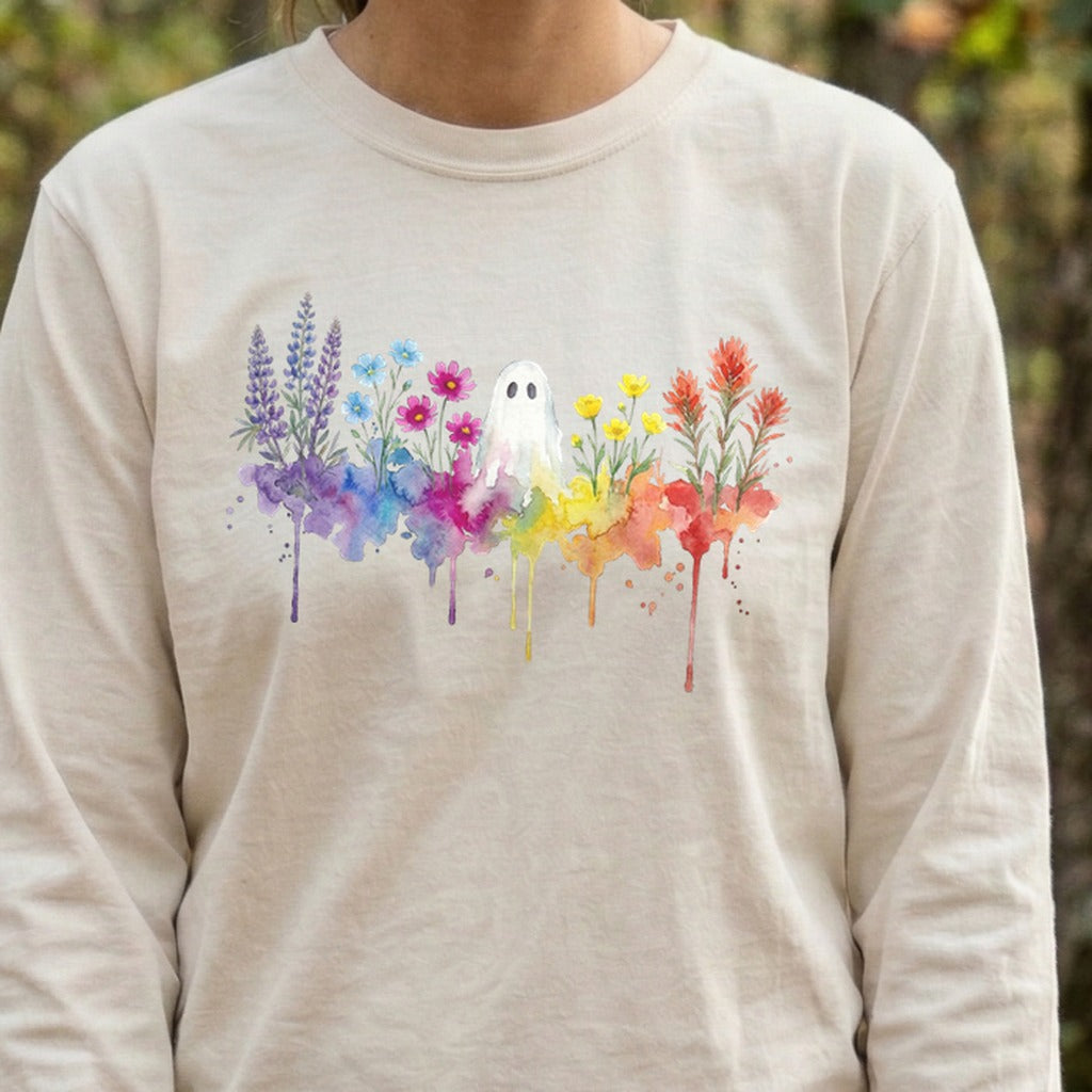Halloween Ghost Watercolor Wildflowers Premium Long Sleeve
