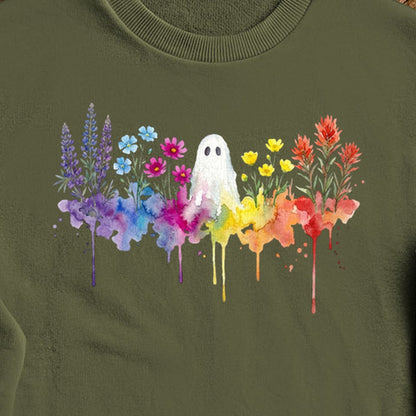 Halloween Ghost Watercolor Wildflowers Crewneck Sweatshirt
