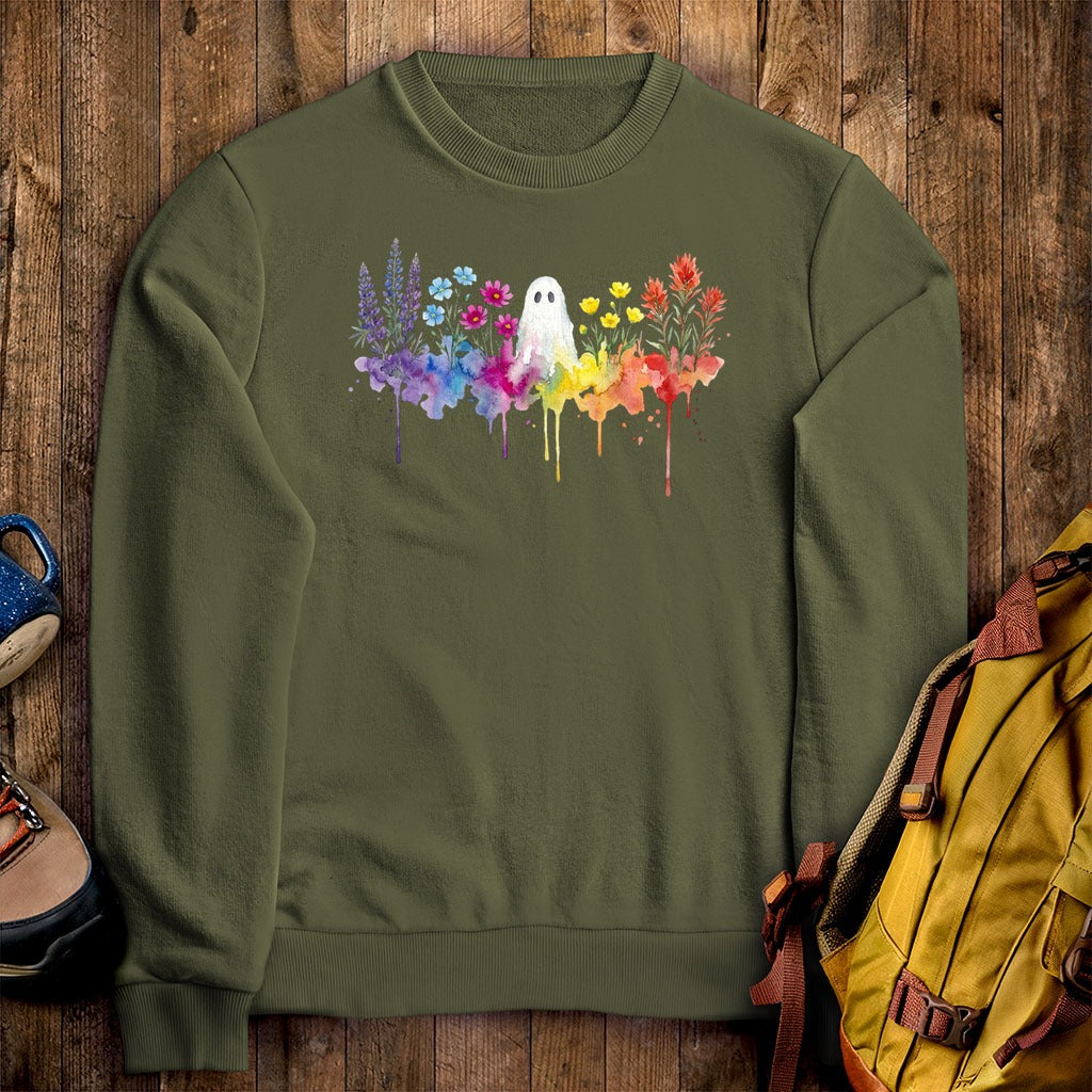 Halloween Ghost Watercolor Wildflowers Crewneck Sweatshirt