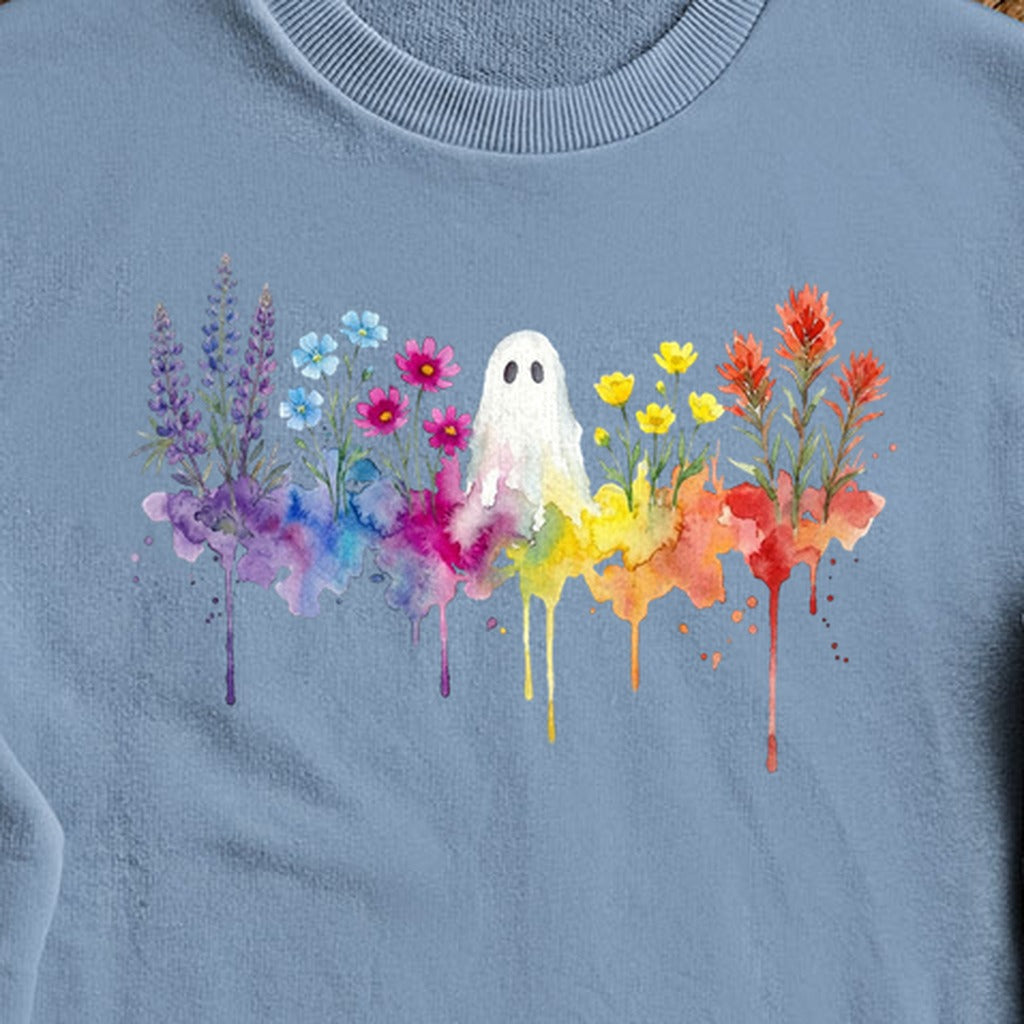 Halloween Ghost Watercolor Wildflowers Crewneck Sweatshirt