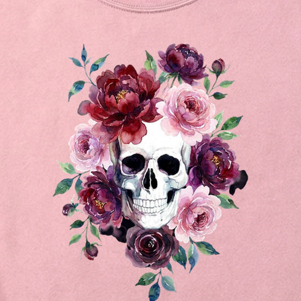 Watercolor Skull with Flowers Cotton T-Shirt