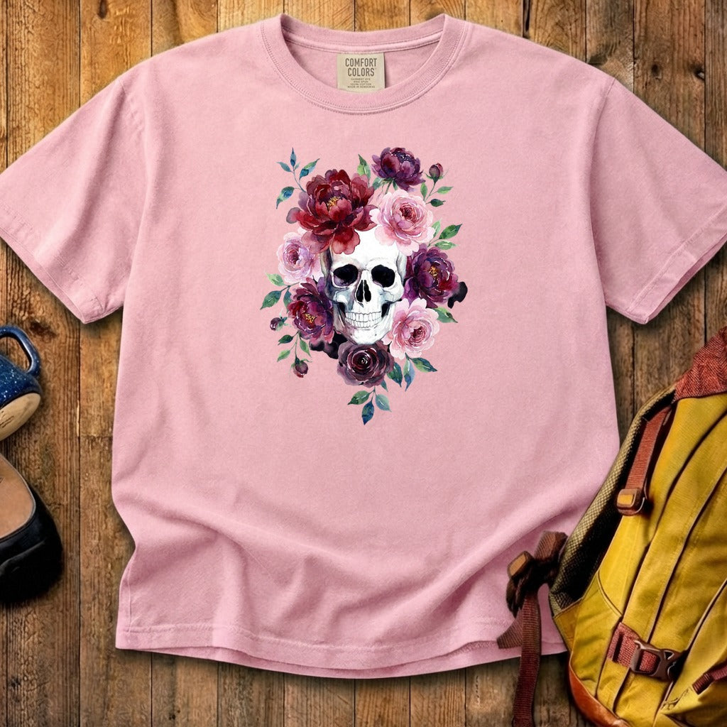 Watercolor Skull with Flowers Cotton T-Shirt