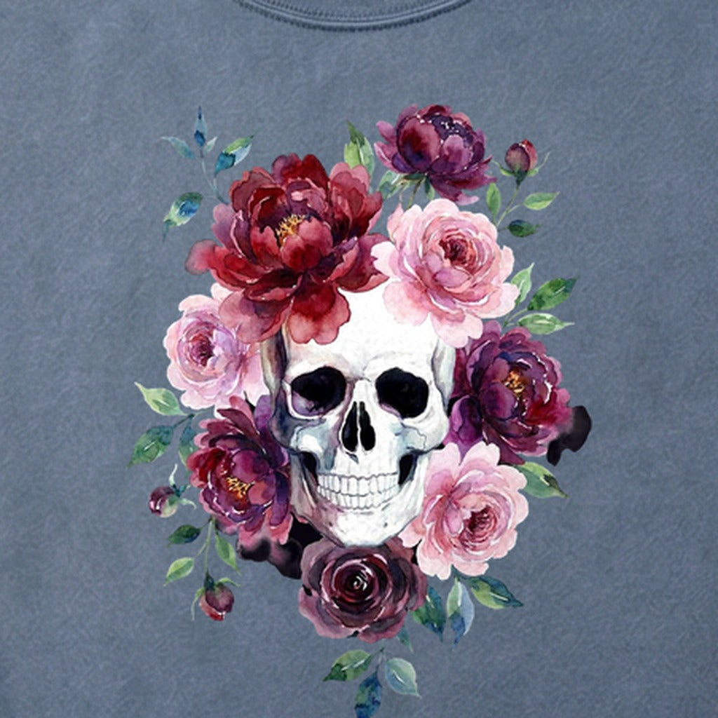 Watercolor Skull with Flowers Cotton T-Shirt