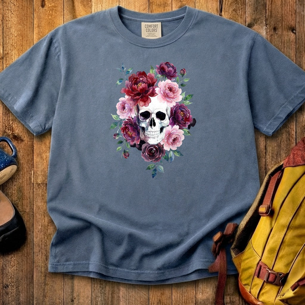 Watercolor Skull with Flowers Cotton T-Shirt