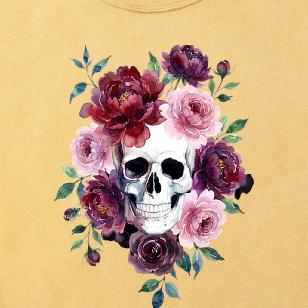 Watercolor Skull with Flowers Cotton T-Shirt