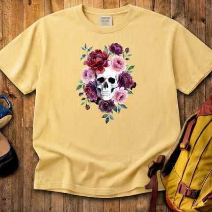 Watercolor Skull with Flowers Cotton T-Shirt