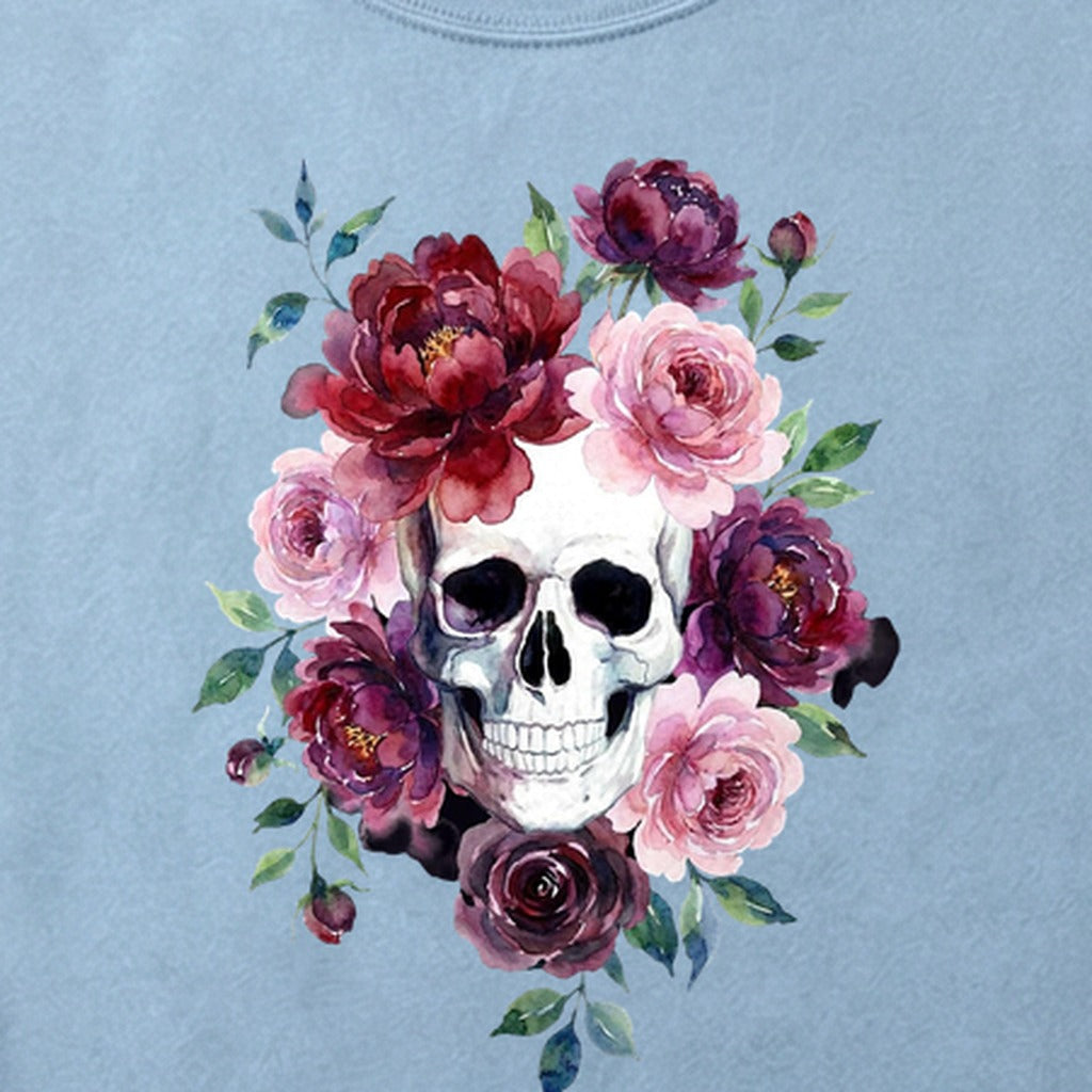 Watercolor Skull with Flowers Cotton T-Shirt
