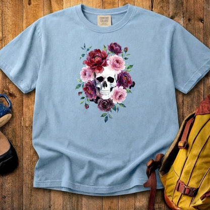 Watercolor Skull with Flowers Cotton T-Shirt