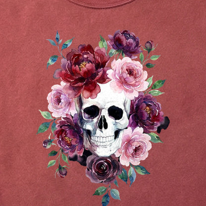 Watercolor Skull with Flowers Cotton T-Shirt