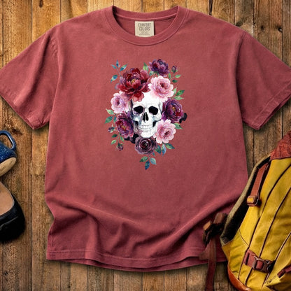 Watercolor Skull with Flowers Cotton T-Shirt
