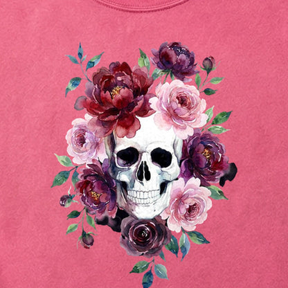 Watercolor Skull with Flowers Cotton T-Shirt