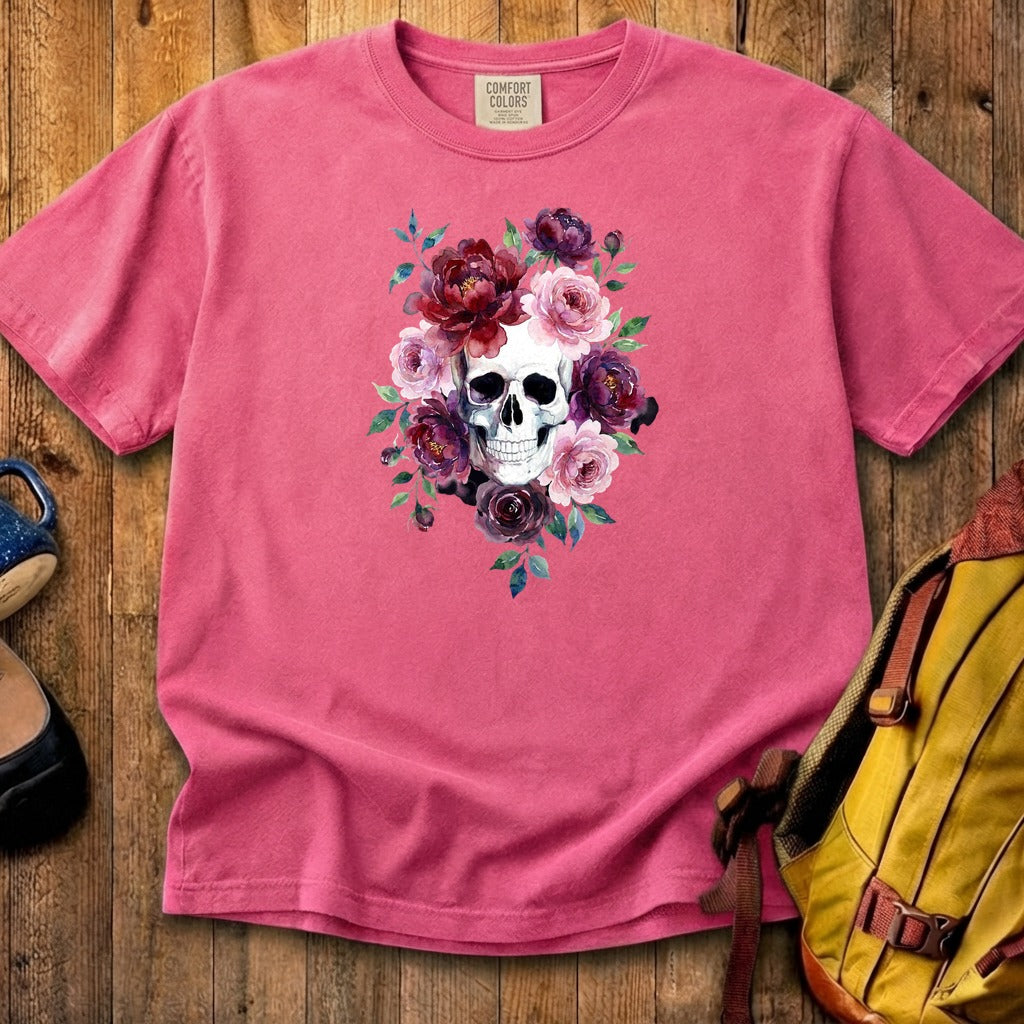 Watercolor Skull with Flowers Cotton T-Shirt