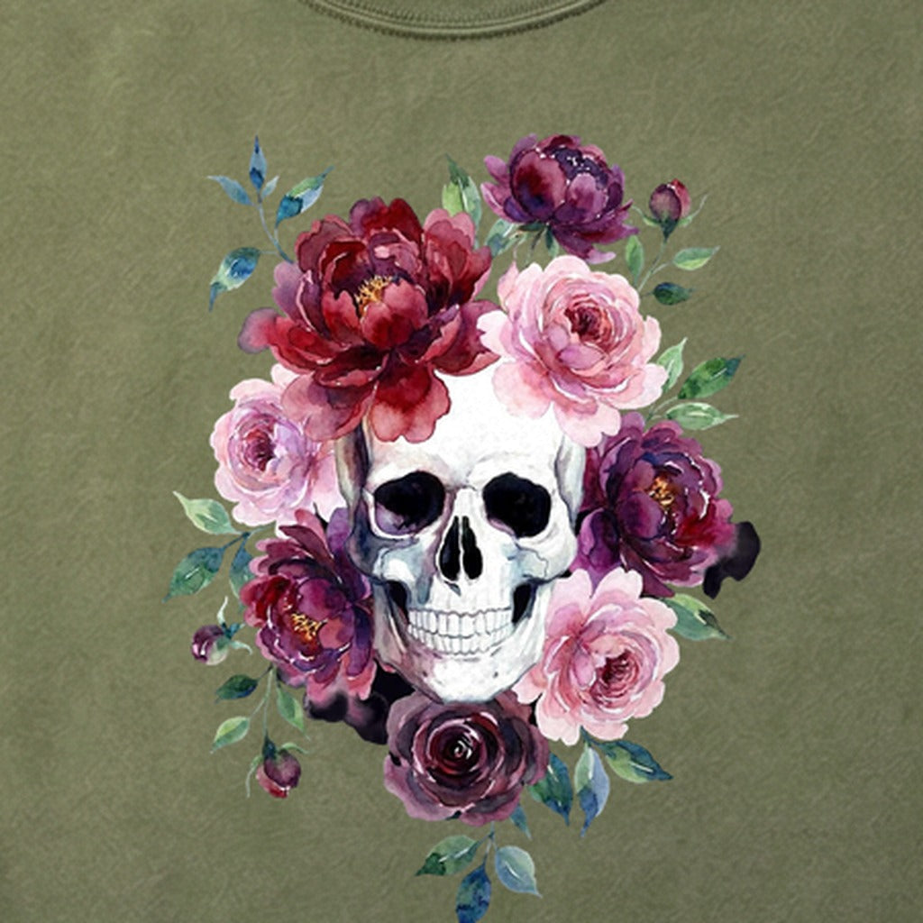 Watercolor Skull with Flowers Cotton T-Shirt
