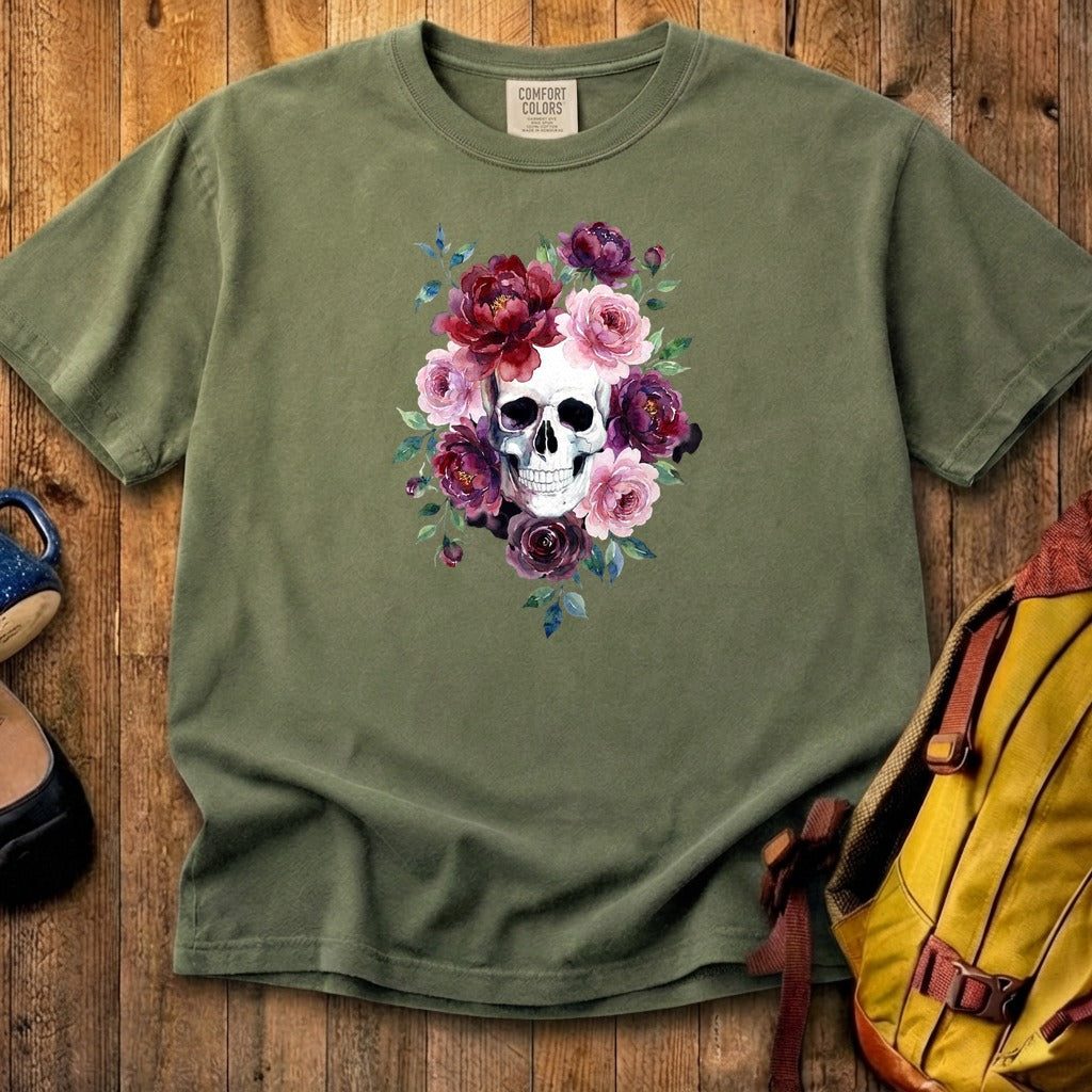 Watercolor Skull with Flowers Cotton T-Shirt
