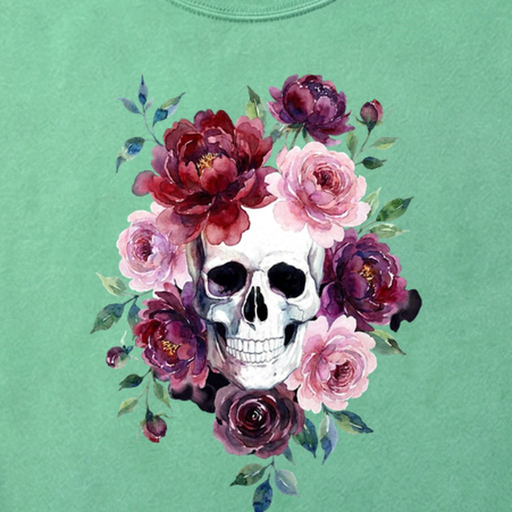 Watercolor Skull with Flowers Cotton T-Shirt