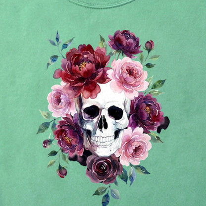 Watercolor Skull with Flowers Cotton T-Shirt