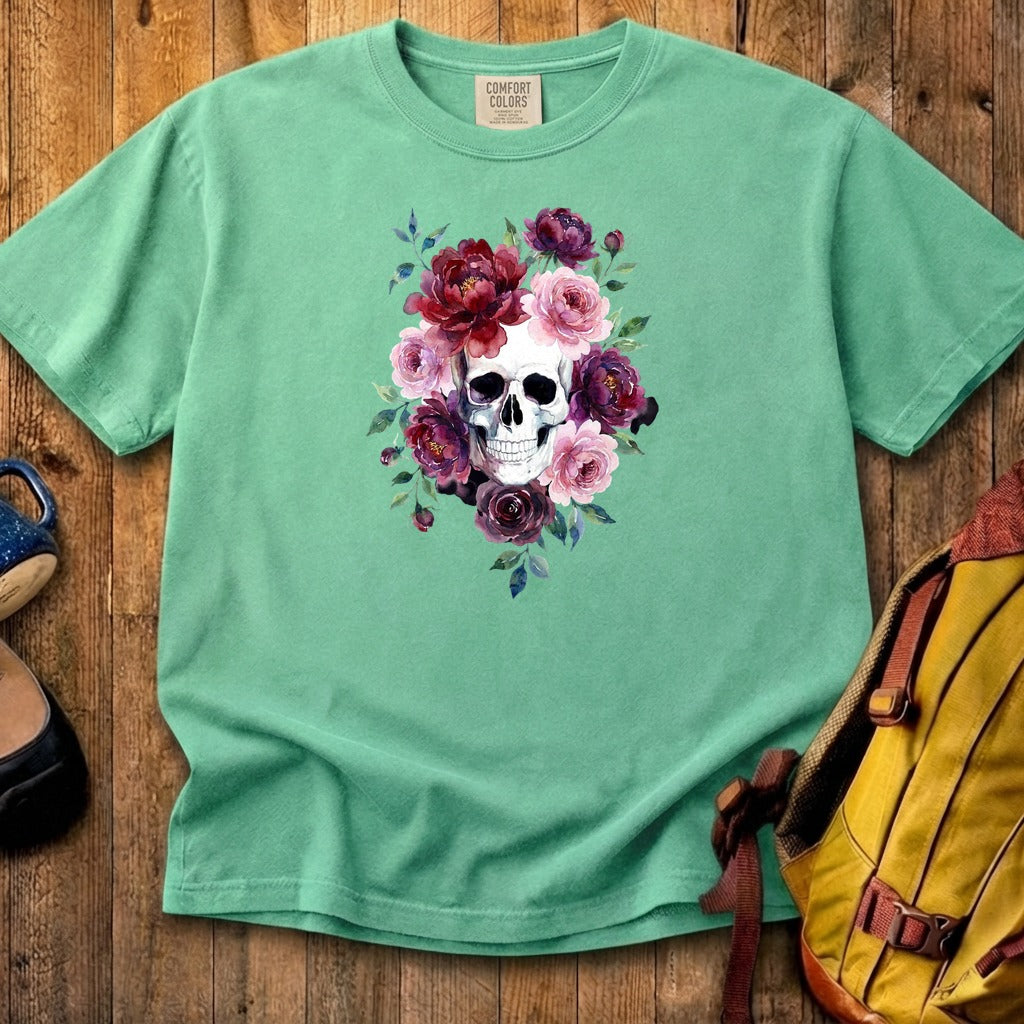 Watercolor Skull with Flowers Cotton T-Shirt