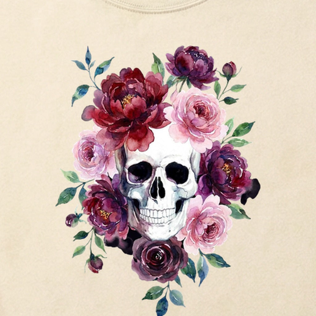 Watercolor Skull with Flowers Cotton T-Shirt