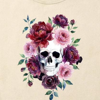 Watercolor Skull with Flowers Cotton T-Shirt