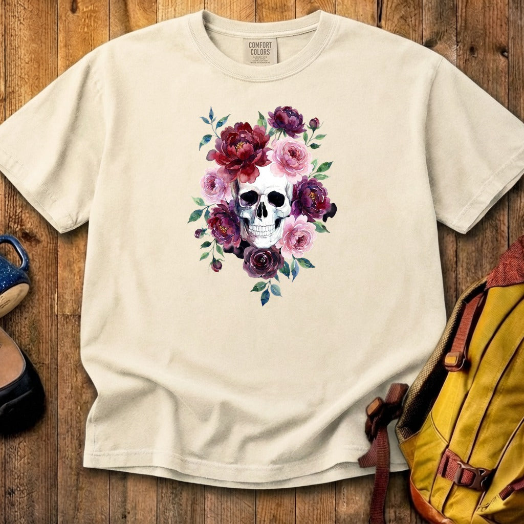 Watercolor Skull with Flowers Cotton T-Shirt