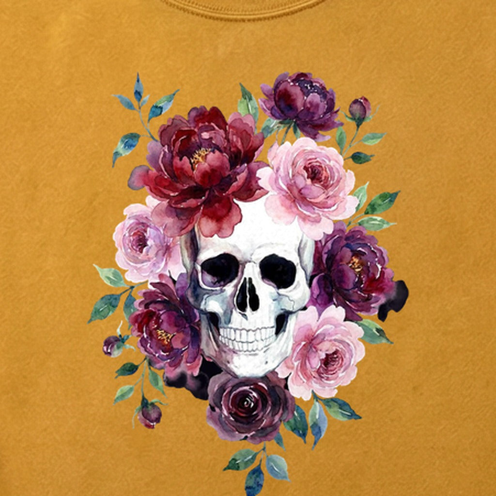 Watercolor Skull with Flowers Cotton T-Shirt