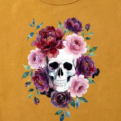 Watercolor Skull with Flowers Cotton T-Shirt
