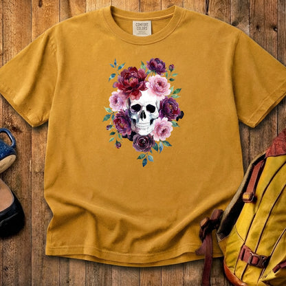 Watercolor Skull with Flowers Cotton T-Shirt