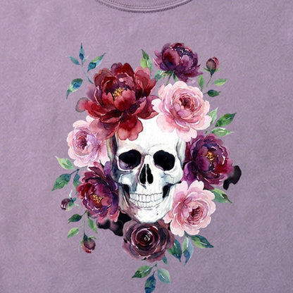 Watercolor Skull with Flowers Cotton T-Shirt