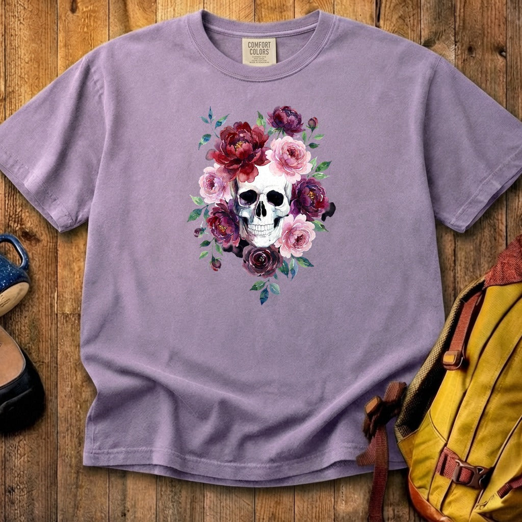 Watercolor Skull with Flowers Cotton T-Shirt