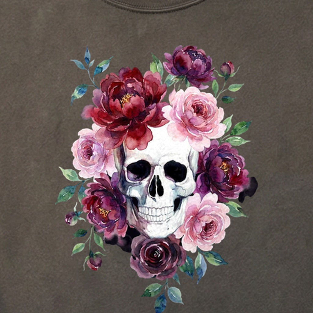 Watercolor Skull with Flowers Cotton T-Shirt