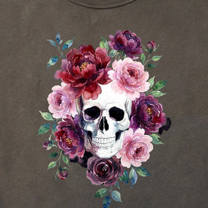 Watercolor Skull with Flowers Cotton T-Shirt