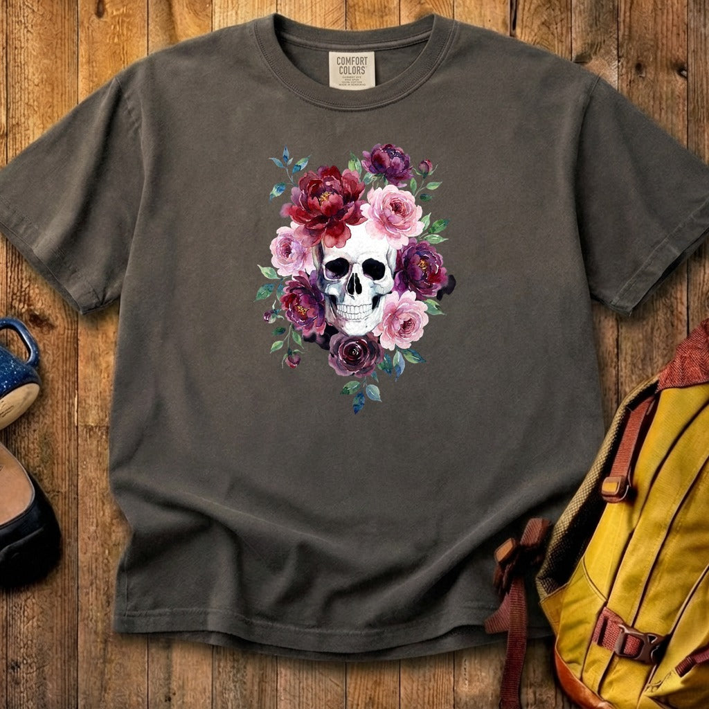 Watercolor Skull with Flowers Cotton T-Shirt