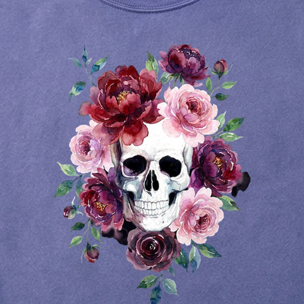 Watercolor Skull with Flowers Cotton T-Shirt