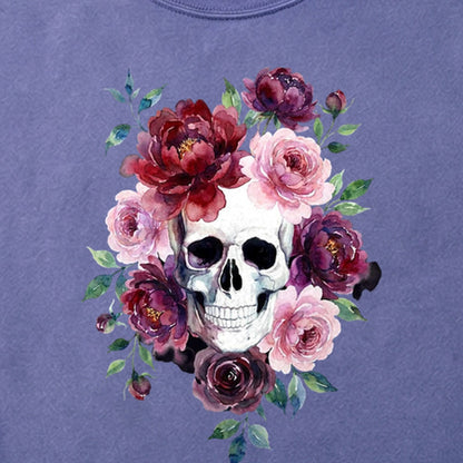 Watercolor Skull with Flowers Cotton T-Shirt