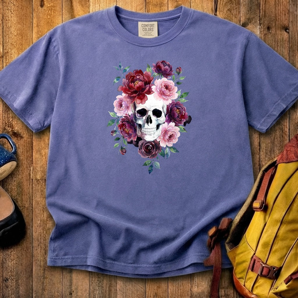 Watercolor Skull with Flowers Cotton T-Shirt