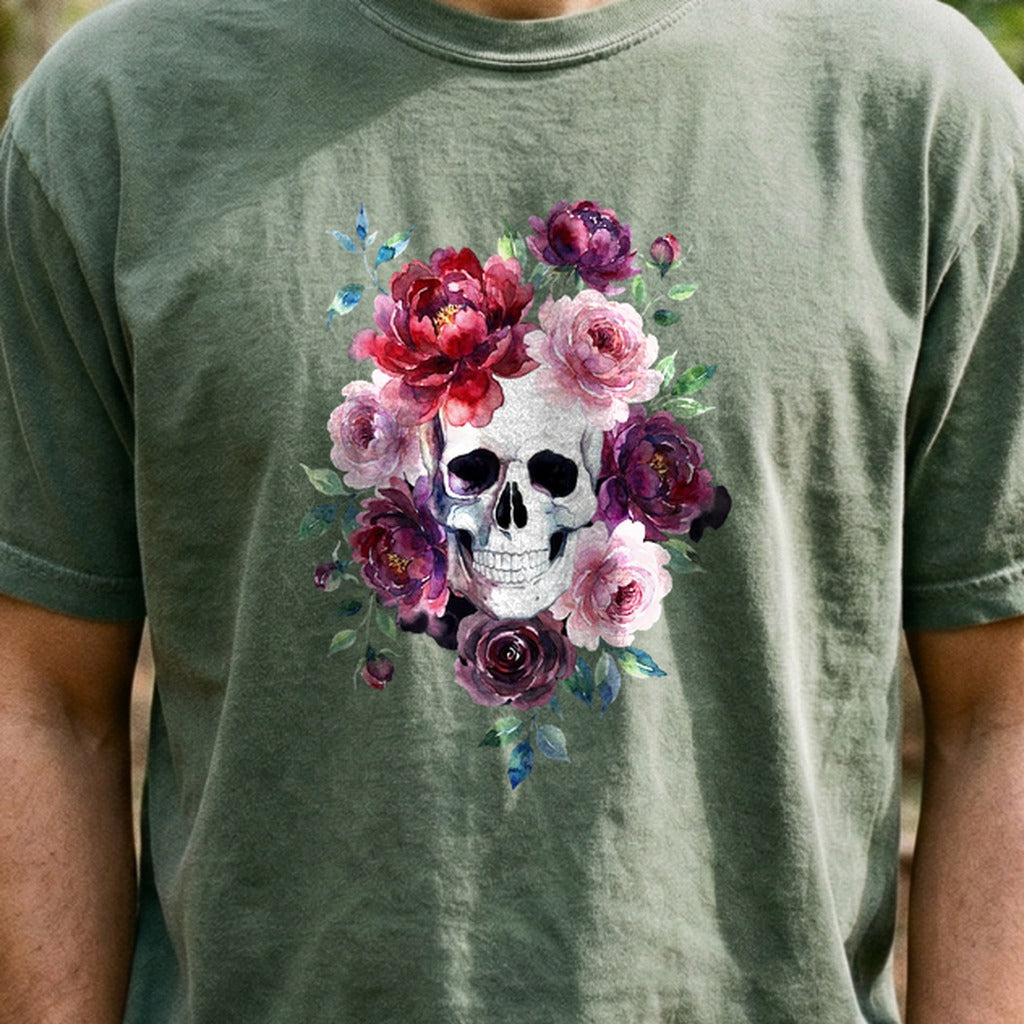 Watercolor Skull with Flowers Cotton T-Shirt
