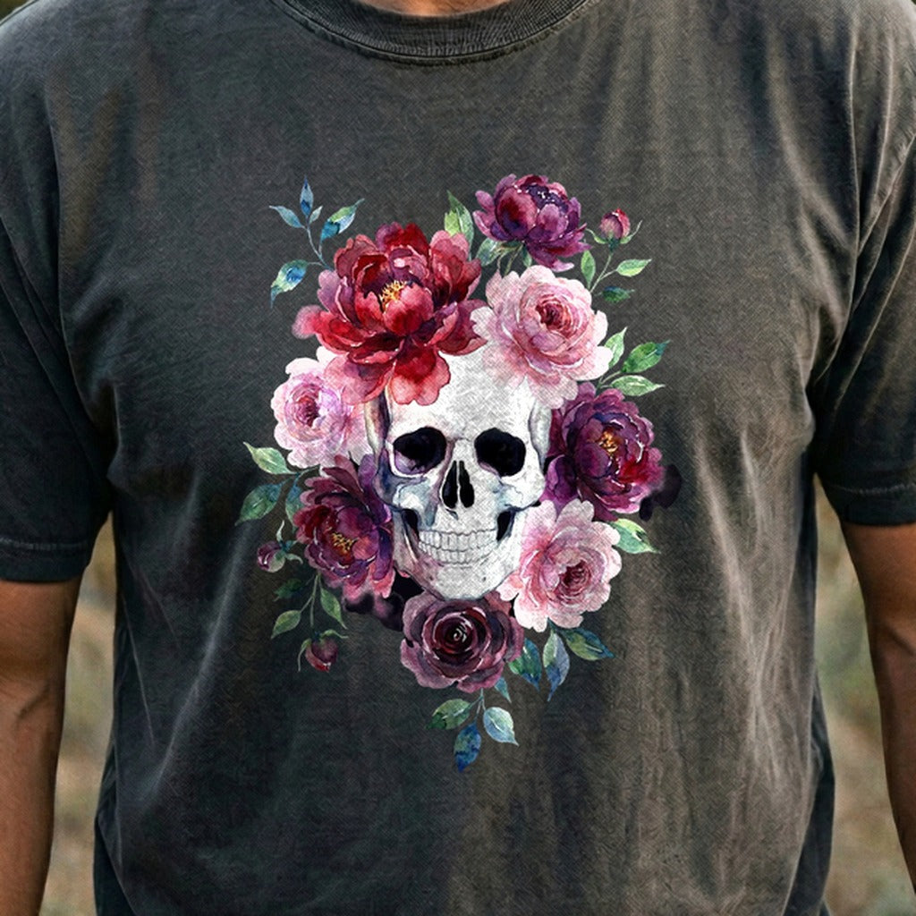 Watercolor Skull with Flowers Cotton T-Shirt