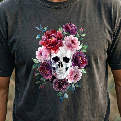 Watercolor Skull with Flowers Cotton T-Shirt