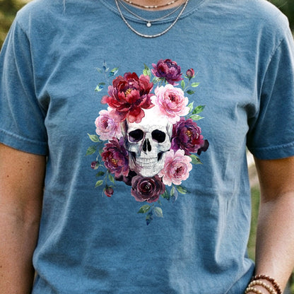 Watercolor Skull with Flowers Cotton T-Shirt