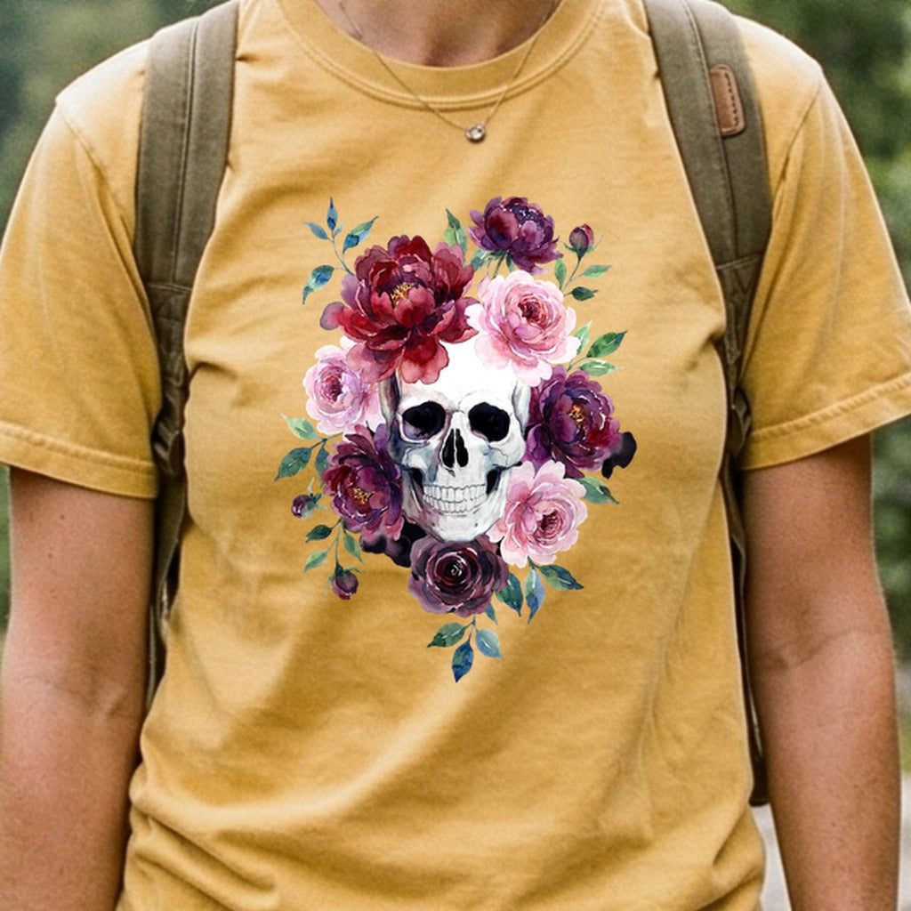 Watercolor Skull with Flowers Cotton T-Shirt