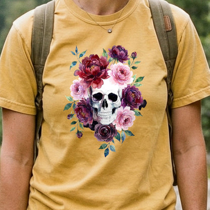 Watercolor Skull with Flowers Cotton T-Shirt