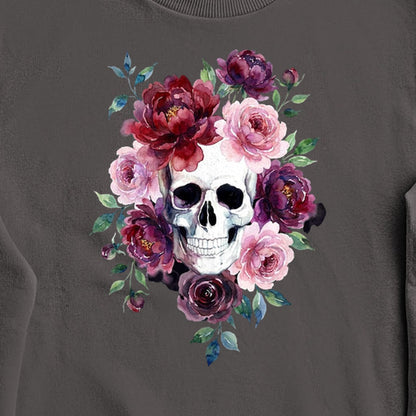 Watercolor Skull with Flowers Crewneck Sweatshirt