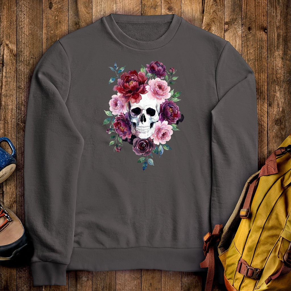 Watercolor Skull with Flowers Crewneck Sweatshirt